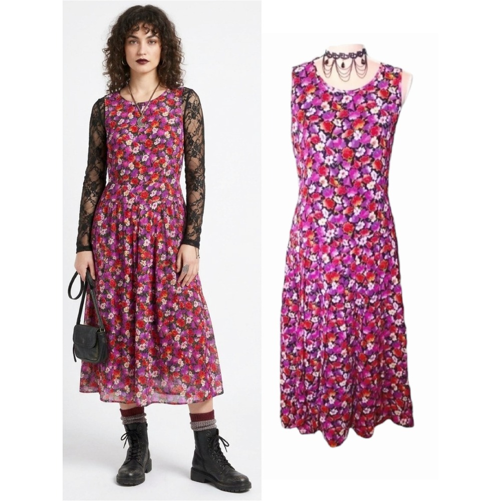VTG Liz Claiborne Floral Drop Waist Midi Dress SZ 6 Pink Purple 80s 90s Rayon
